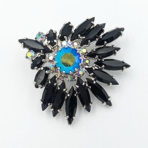 Vintage black and AB aurora borealis rhinestone large brooch pin